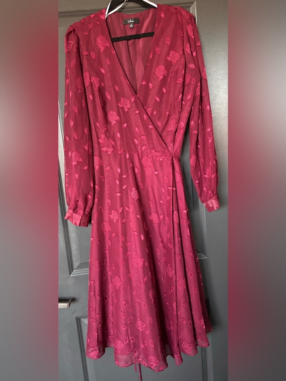 Lulu's Rose-Red Wrap Midi Dress with Floral Jacquard